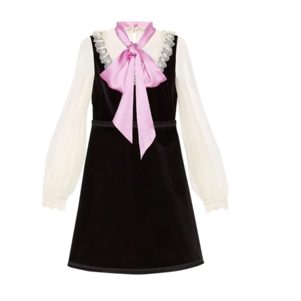 GUCCI sheer sleeve lace trim velvet dress